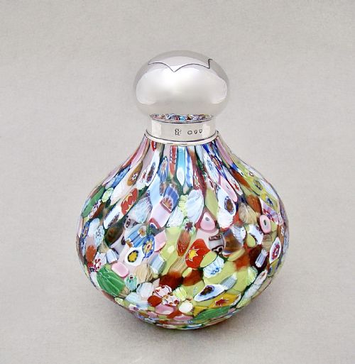 Fabulous Victorian Silver Mounted Large Millefiori Glass Scent Bottle by W & G  Neal, London 1890