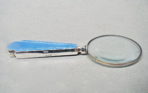 fig 1. SMALL ART DECO SILVER & GUILLOCHE ENAMEL MAGNIFYING GLASS , BIRMINGHAM 1938
