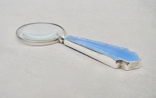 fig 3. SMALL ART DECO SILVER & GUILLOCHE ENAMEL MAGNIFYING GLASS , BIRMINGHAM 1938
