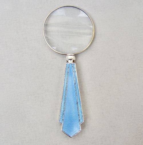 Small Art Deco Silver & Guilloche Enamel Magnifying Glass , Birmingham 1938
