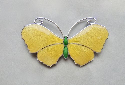 Large Sterling Silver & Yellow Enamel Butterfly Brooch, Circa 1930