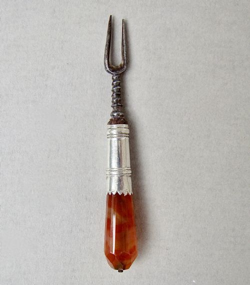 Rare Georgian Silver Miniature Two Pronged Fork with Agate Handle, Circa 1750