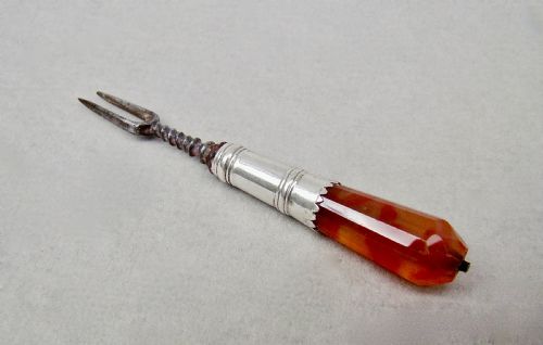 fig 1. RARE GEORGIAN SILVER MINIATURE TWO PRONGED FORK WITH AGATE HANDLE, CIRCA 1750
