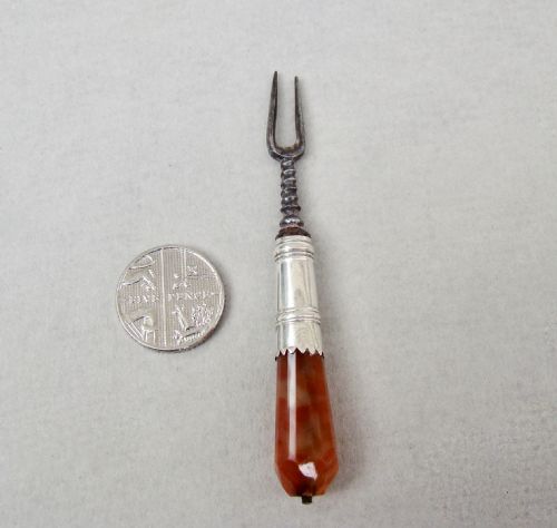 fig 2. RARE GEORGIAN SILVER MINIATURE TWO PRONGED FORK WITH AGATE HANDLE, CIRCA 1750