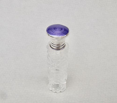 George V Silver & Guilloche Enamel Cut Glass Scent Bottle , Birmingham 1918
