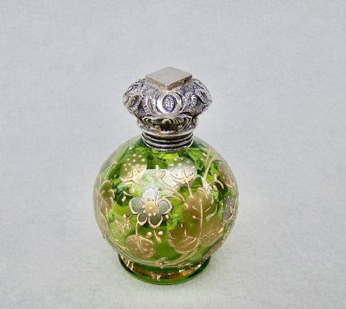 Victorian Silver Mounted Green and Gilt Moser Glass Scent Bottle, Circa 1890