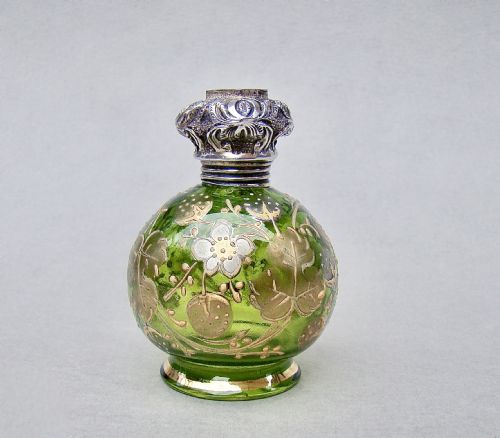 fig 1. VICTORIAN SILVER MOUNTED GREEN AND GILT MOSER GLASS SCENT BOTTLE, CIRCA 1890
