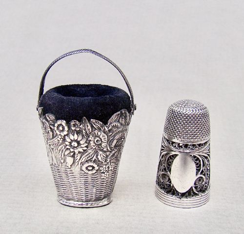 Rare Georgian Silver "Flower Basket" Pin Cushion & Thimble by Joseph Taylor, Circa 1800.
