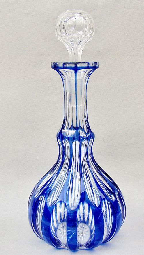 Beautiful Bohemian Bristol Blue Overlay Glass Decanter, Circa 1890