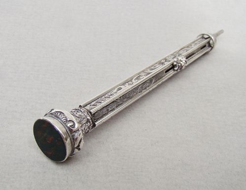 Rare Victorian Silver Propelling Pencil & Dip Pen with Bloodstone Seal, Circa 1880