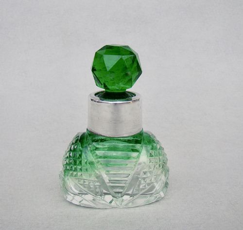 Victorian Silver & Sliced-cut Green Glass Scent Bottle by Charles May, Birmingham,  C.1890