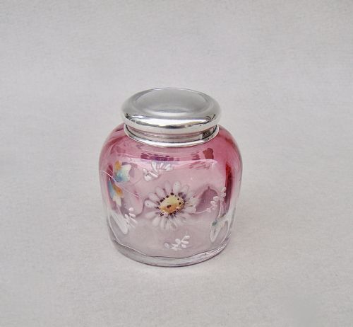 fig 1. DELIGHTFUL SILVER  & ENAMELLED GLASS ROUGE POT BY GREEN & CADBURY LD, BIRMINGHAM 1910