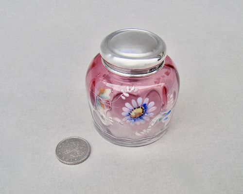 fig 2. DELIGHTFUL SILVER  & ENAMELLED GLASS ROUGE POT BY GREEN & CADBURY LD, BIRMINGHAM 1910