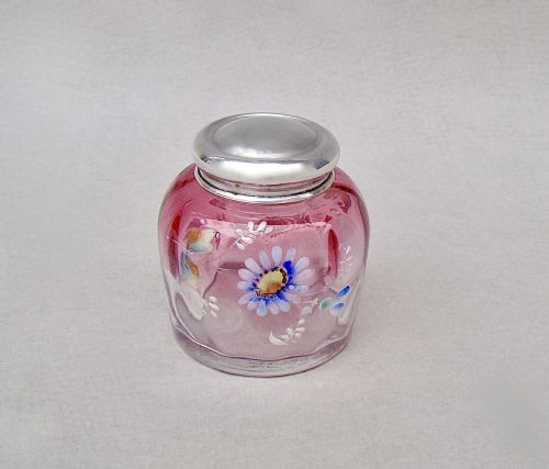 Delightful Silver  & Enamelled Glass Rouge Pot by Green & Cadbury Ld, Birmingham 1910