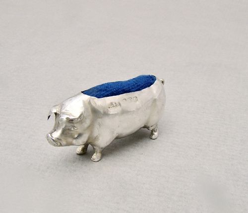 Small Edwardian Silver Pig Pin Cushion by Levi & Salaman, Birmingham 1906
