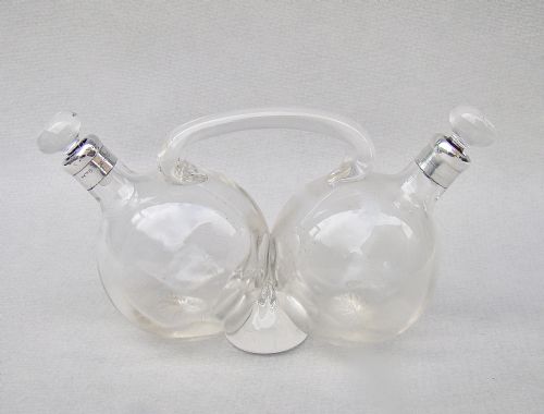 Edwardian Silver Mounted Oil & Vinegar Bottle Set by Henry Perkins & Sons, London 1908