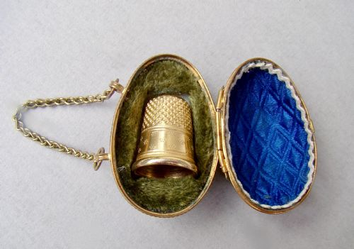 Exquisite 19th C. French Gilt Metal Thimble in Ormulu Egg-shaped Holder