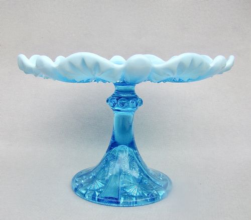 VICTORIAN BLUE PEARLINE GLASS CAKE STAND BY DAVIDSON CIRCA 1890 - ADDITIONAL PHOTO 1