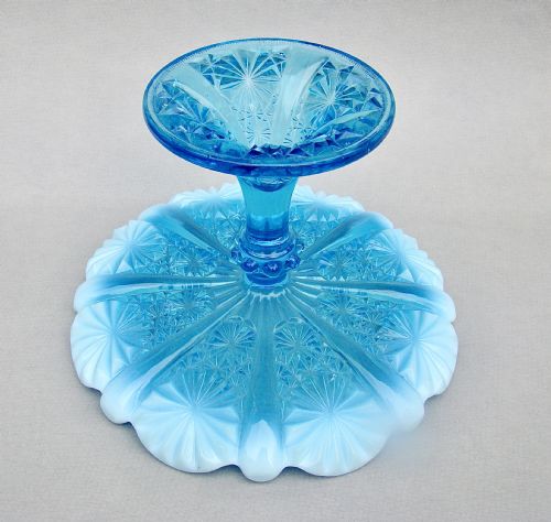 VICTORIAN BLUE PEARLINE GLASS CAKE STAND BY DAVIDSON CIRCA 1890 - ADDITIONAL PHOTO 3
