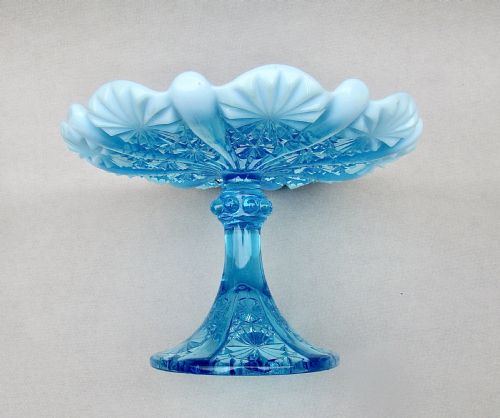 VICTORIAN BLUE PEARLINE GLASS CAKE STAND BY DAVIDSON CIRCA 1890 - ADDITIONAL PHOTO 4