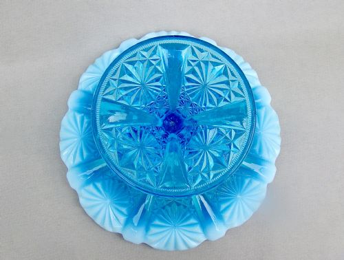 VICTORIAN BLUE PEARLINE GLASS CAKE STAND BY DAVIDSON CIRCA 1890 - ADDITIONAL PHOTO 5