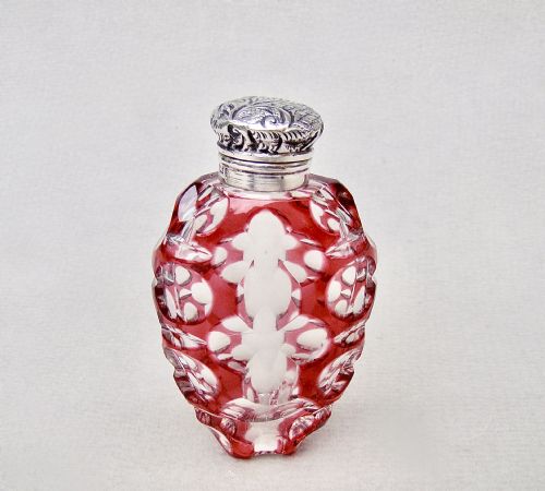 Rare Edwardian Silver & Overlay Cranberry Glass Scent Bottle by Charles May, Birmingham 1901