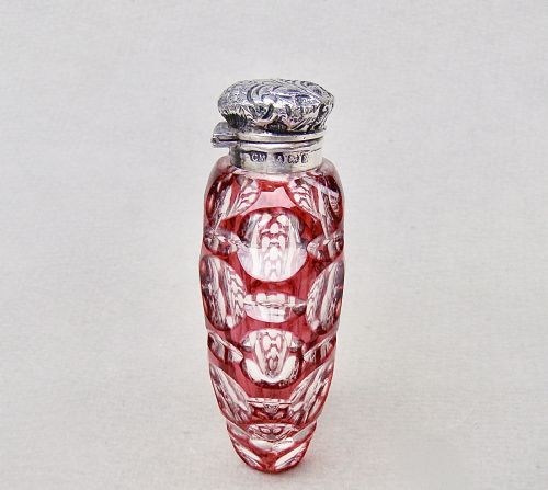 fig 1. RARE EDWARDIAN SILVER & OVERLAY CRANBERRY GLASS SCENT BOTTLE BY CHARLES MAY, BIRMINGHAM 1901