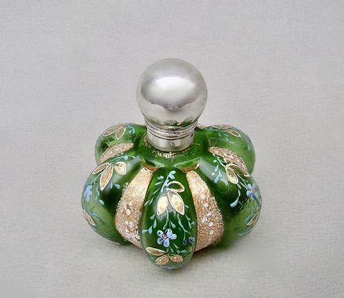 fig 1. UNUSUAL VICTORIAN SILVER MOUNTED ENAMELLED GLASS SCENT BOTTLE, BIRMINGHAM 1887