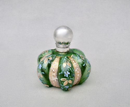 Unusual Victorian Silver Mounted Enamelled Glass Scent Bottle, Birmingham 1887