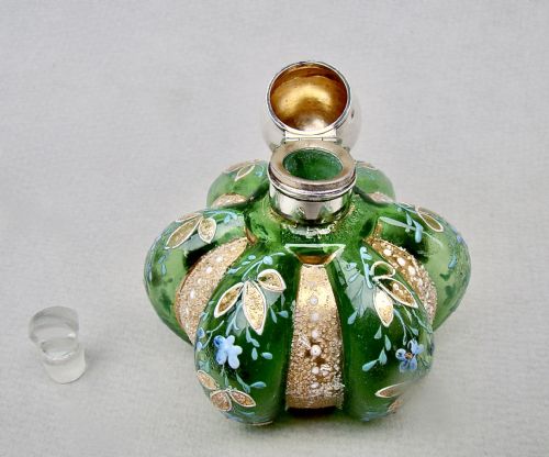 fig 3. UNUSUAL VICTORIAN SILVER MOUNTED ENAMELLED GLASS SCENT BOTTLE, BIRMINGHAM 1887