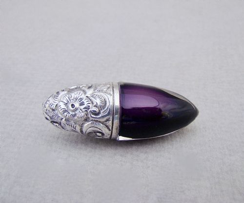 Rare Victorian Silver and Amethyst Glass Bullet Shaped Scent Bottle, Circa 1890