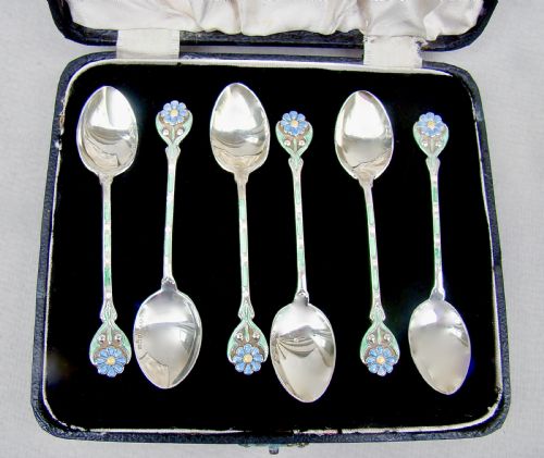 Rare Cased Set of Six Art Deco "Forget-me-not" Guilloche Enamel Coffee Spoons by Turner & Simpson, Birmingham 1930