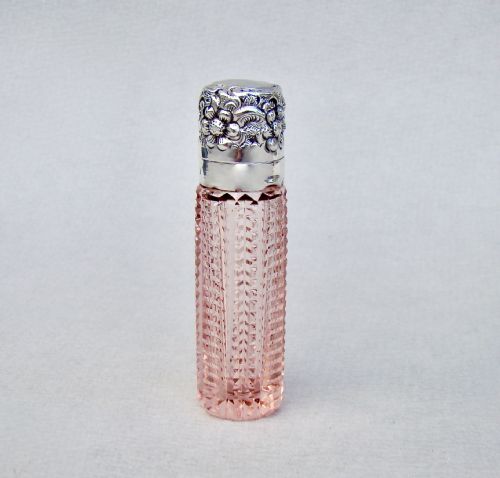 fig 1. RARE VICTORIAN SILVER & PALE SALMON PINK CUT GLASS SCENT BOTTLE BY LEVI & SALAMAN, BIRMINGHAM 1893