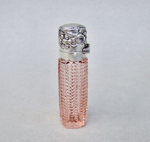 fig 2. RARE VICTORIAN SILVER & PALE SALMON PINK CUT GLASS SCENT BOTTLE BY LEVI & SALAMAN, BIRMINGHAM 1893