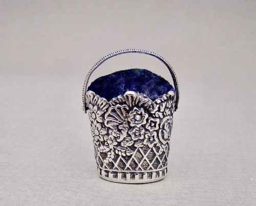 Victorian Silver "Flower Basket" Pin Cushion , Circa 1850.