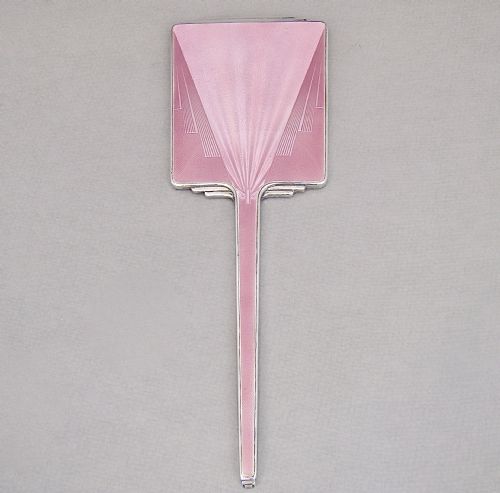 Fabulous Art Deco Silver and Guilloche Enamel Hand Mirror by Hasset & Harper, Birmingham 1935
