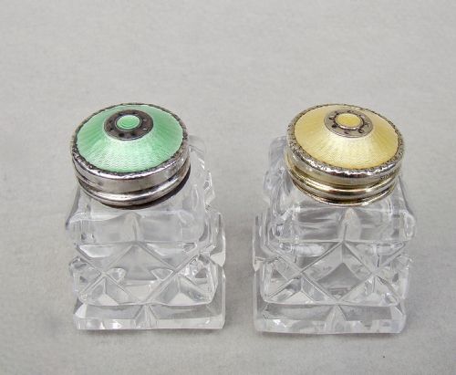 Exquisite Pair of Norwegian Art Deco Silver and Enamel Salts, Circa 1930
