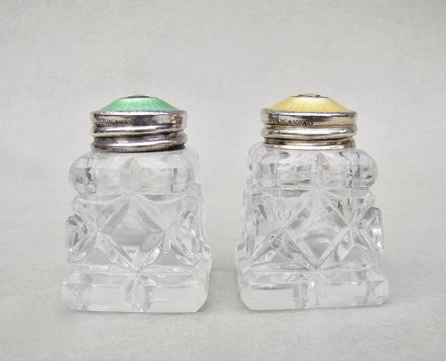 fig 1. EXQUISITE PAIR OF NORWEGIAN ART DECO SILVER AND ENAMEL SALTS, CIRCA 1930
