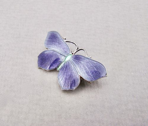 Small & Exquisite Art Deco Silver & Lilac Enamel Butterfly Brooch by John Atkins, Circa 1930