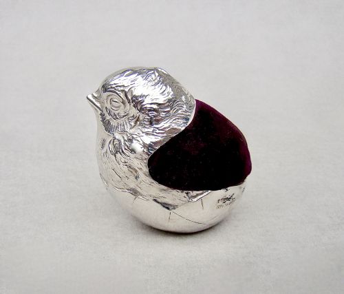 Superb Edwardian Silver "Hatching Chick" Pin Cushion by Sampson Mordan & Co, Chester 1906
