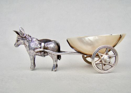 Very Rare Edwardian Novelty Silver Donkey & Cart Pin Cushion by Sydney & Co, Birmingham 1909
