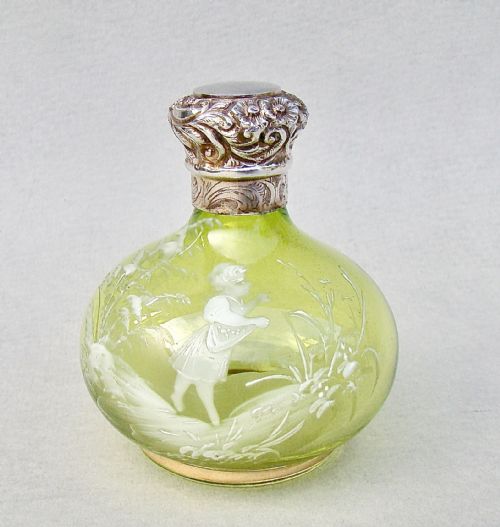 Delightful Victorian Silver Mounted Mary Gregory Enamelled Glass Scent Bottle , Circa 1890