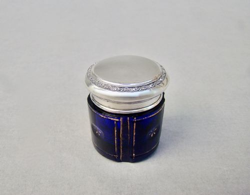 Charming Silver & Bristol Blue Gilt Glass Rouge Pot, Circa 1890