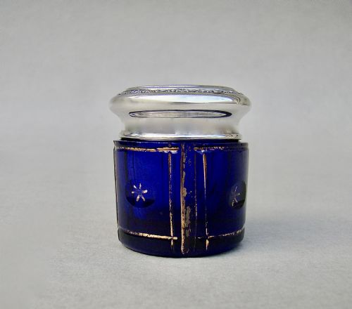 fig 1. CHARMING SILVER & BRISTOL BLUE GILT GLASS ROUGE POT, CIRCA 1890