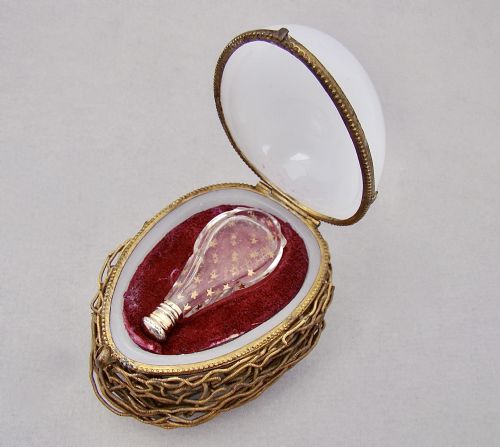Rare 19th C. French Palais Royal Gilt Glass Scent Bottle in Opaline Glass "Egg in Nest" Casket