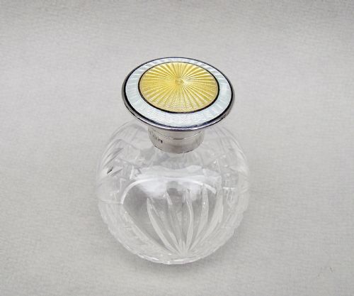 fig 2. ART DECO SILVER MOUNTED DUAL COLOUR GUILLOCHE ENAMEL GLASS SCENT BOTTLE BY DOCKER & BURN, BIRMINGHAM 1921