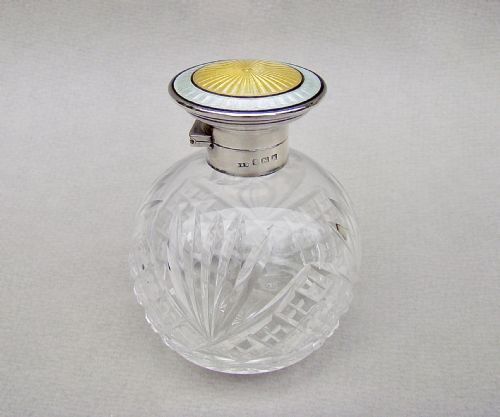 fig 1. ART DECO SILVER MOUNTED DUAL COLOUR GUILLOCHE ENAMEL GLASS SCENT BOTTLE BY DOCKER & BURN, BIRMINGHAM 1921
