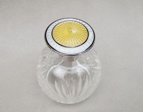 Art Deco Silver Mounted Dual Colour Guilloche Enamel Glass Scent Bottle by Docker & Burn, Birmingham 1921