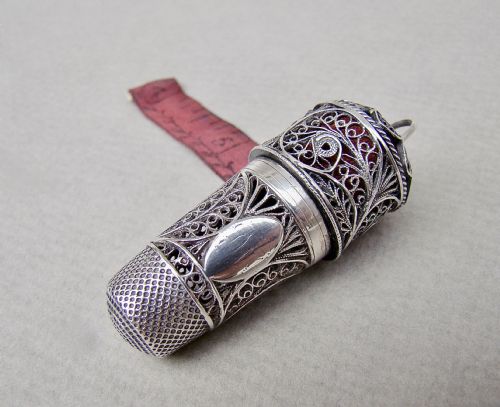 fig 1. VERY RARE GEORGIAN SILVER FILIGREE THIMBLE/TAPE MEASURE COMBINATION, CIRCA 1800