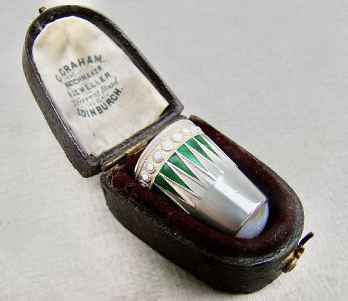 fig 2. VERY RARE NORWEGIAN SILVER, ENAMEL & MOONSTONE THIMBLE BY MARIUS HAMMER, CIRCA 1900